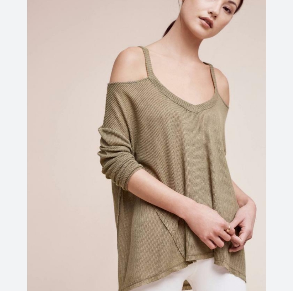 Anthropologie Olive Off-the-Shoulder Sweater